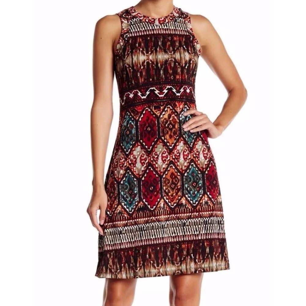 Karen Kane Multi-color Stretch Jersey Sleeveless Border Print Dress Women Sz Sm